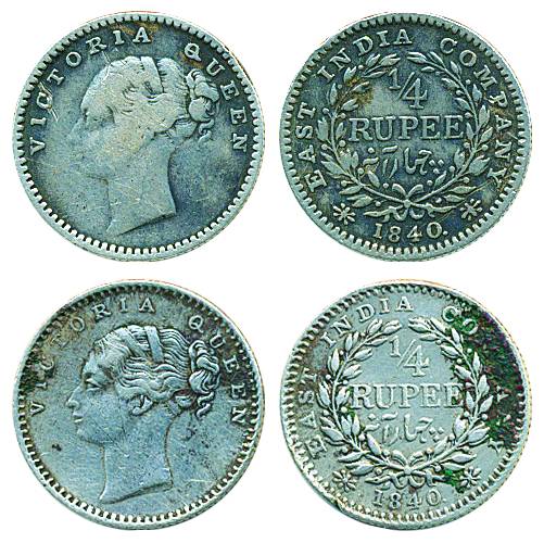 Victoria Queen, Silver ¼ Rupee (2), 1840, Bombay&Madras Mint, Continuous Legend, 20 berrie