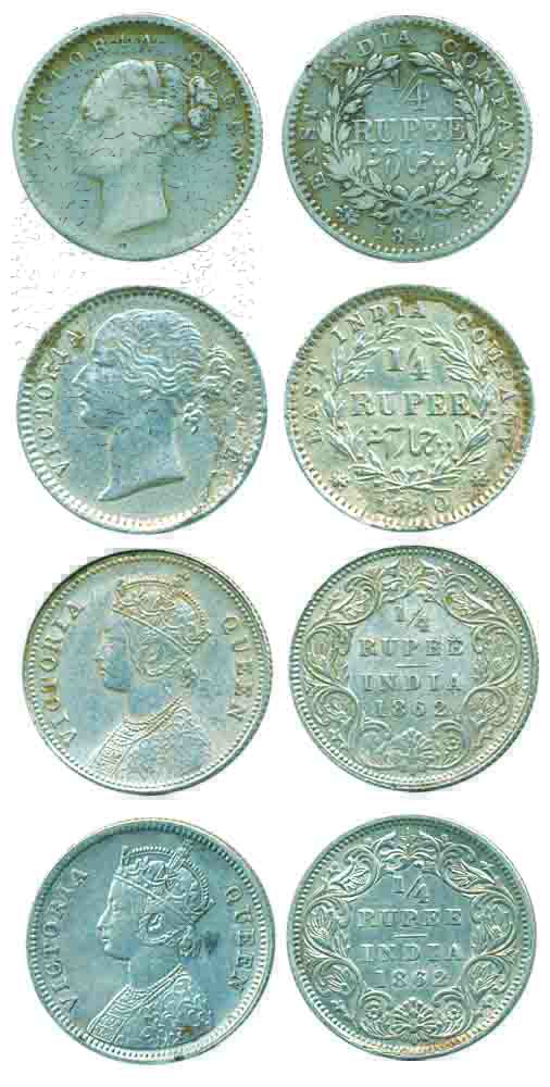 Victoria Queen, Silver ¼ Rupee (4),1841 Continuous Legend (1), 1841 Divide Legend (1) &186
