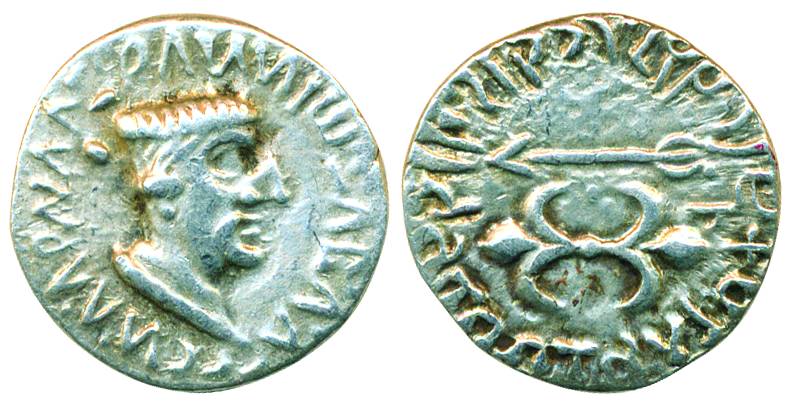 Western Kshatrapa, Nahapana, Silver Drachma, 2.49g, Obv: bust of the king and corrupt Gree