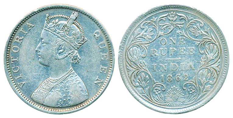 Victoria Queen, Silver Rupee, 1862, Bombay Mint, B/II,4 Pineapples. Fine++, scarce.