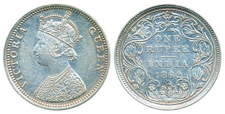 Victoria Queen, Silver Rupee, 1862, Bombay Mint, C/II/ ½ Dots (Pr# 105). Almost extremely 