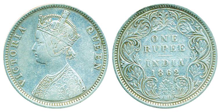 Victoria Queen, Silver Rupee, 1862, Bombay Mint, A/I/ 0/4 Dots (Pr# 78). Fine+, scarce.