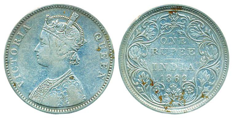 Victoria Queen, Silver Rupee, 1862, Bombay Mint, A/II 1/7 Dots normal position (Pr# 90). F