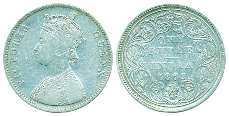Victoria Queen, Silver Rupee, 1862, Bombay Mint, A/II/0/9 Dots (Pr# 92). Fine+, rare.