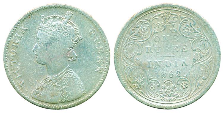 Victoria Queen, Silver Rupee, 1862, Bombay Mint, A/II 1/10 Dots normal position (Pr# 95). 