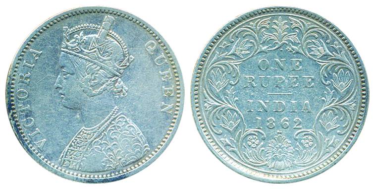 Victoria Queen, Silver Rupee, 1862, Bombay Mint, A/I ½ with crescents Dots (Pr# 102). Very