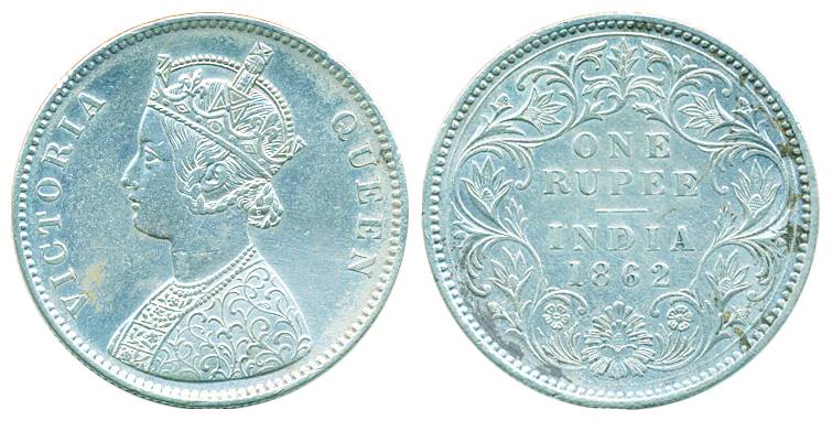 Victoria Queen, Silver Rupee, 1862, Calcutta Mint, A/III (Pr# 65). Very fine+, scarce.