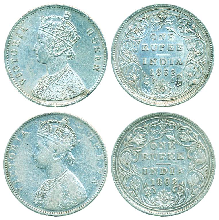 Victoria Queen, Silver Rupee, 1862, Calcutta and Bombay Mint, A/II, 5 Panel (Pr# 64/59). E