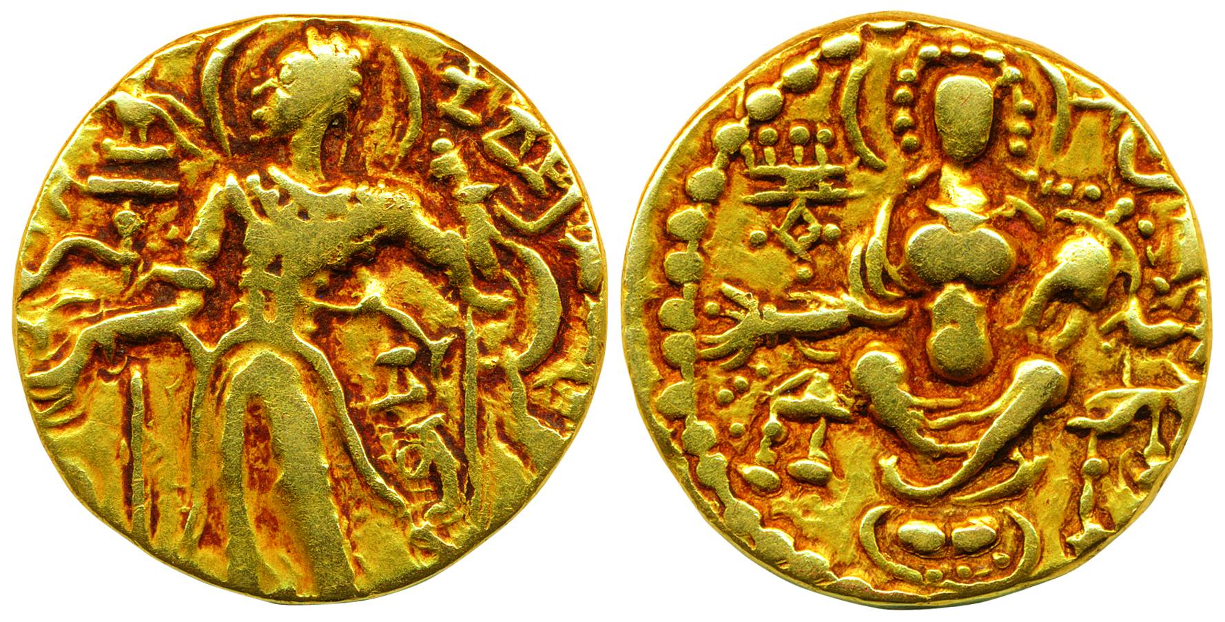 Guptas, Chandragupta, Gold Dinar, 7.79g, Archer Type, Money scattering, Obv: King with hal