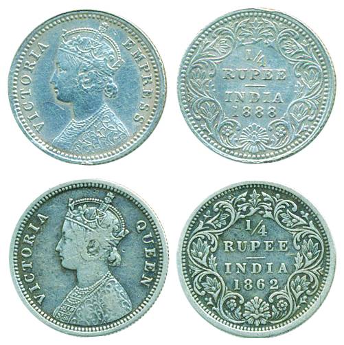Victoria Queen and Empress, Silver ¼ Rupee (2), 1862&1888, Calcutta Mint A/I & C/II no min