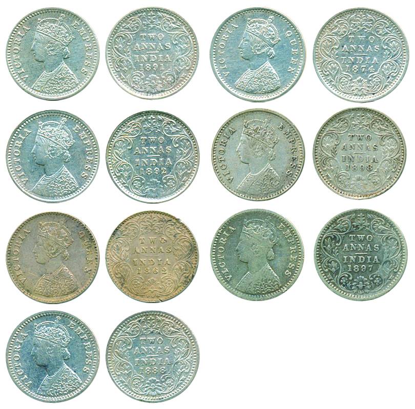 Victoria Queen & Empress, Silver 2 Annas (7), 1862, 1874, 1888, 1891, 1892, 1897, 1898, Bo