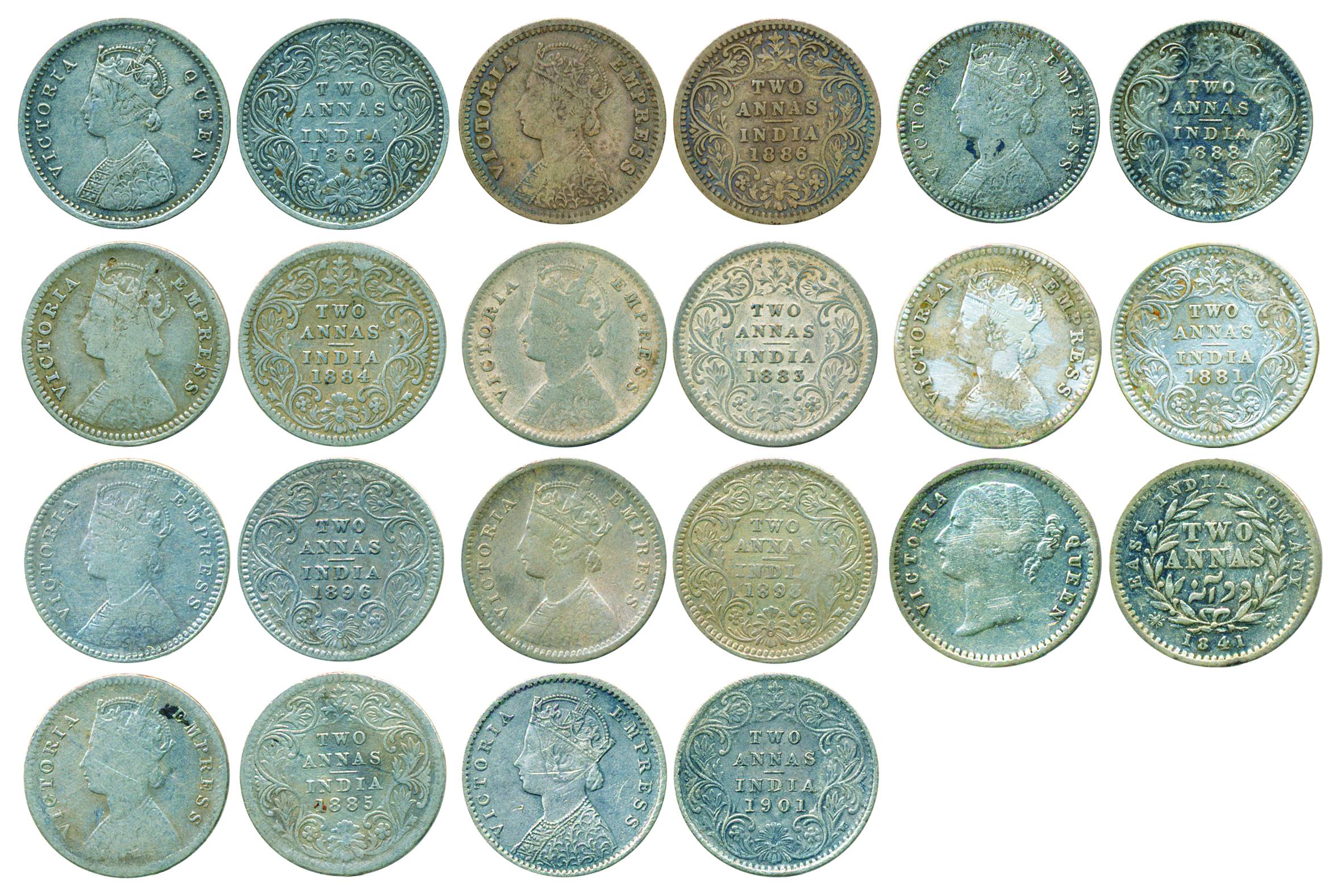 Victoria Queen and Empress, Silver 2 Annas (11), 1841/1862/1881/1883/1884/1885/1886/1888/1