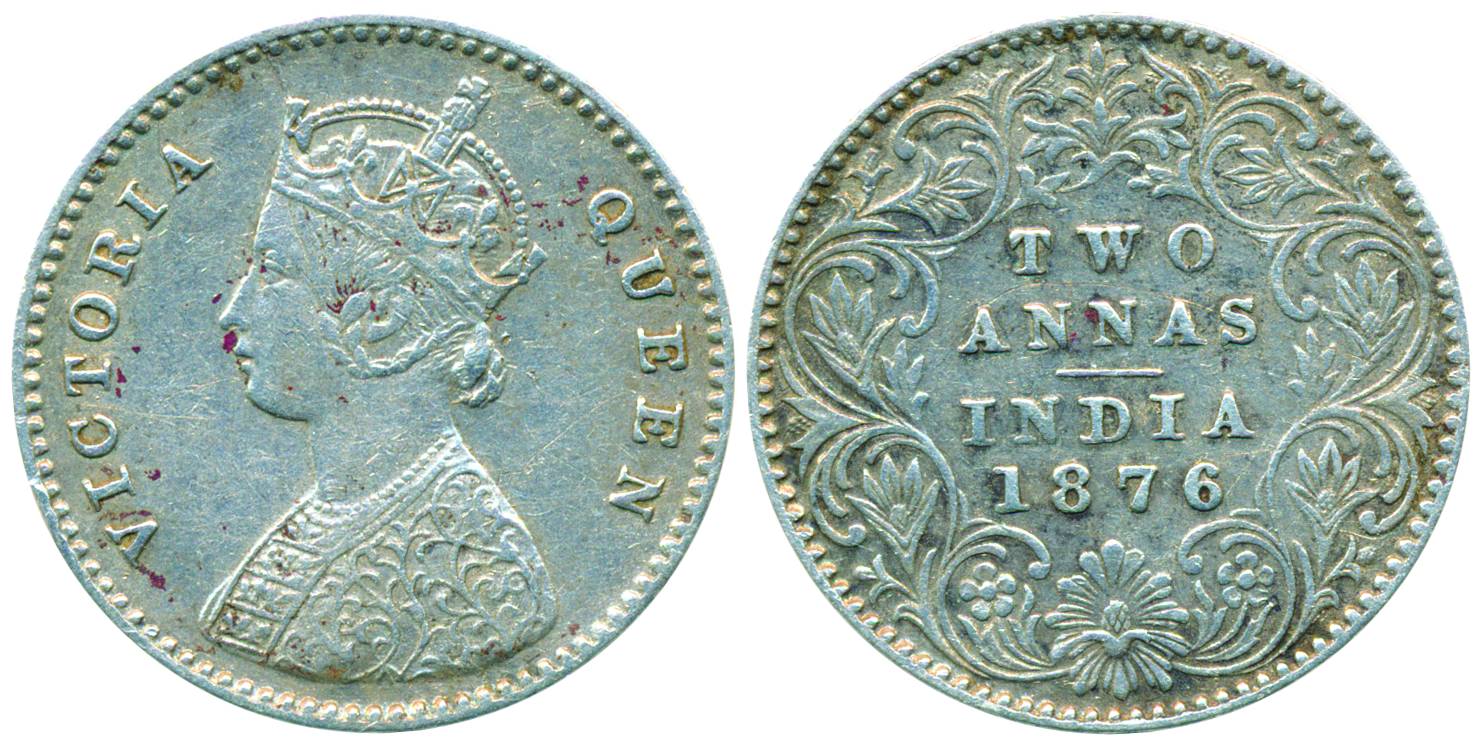 Victoria Queen, Silver 2 Anna, 1876, A/I without Dots. Very fine+,rare.