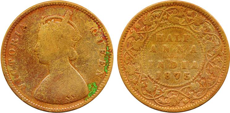 Victoria Queen, Copper ½ Anna, 1875, Calcutta Mint, cleaned. Fine+, very rare.