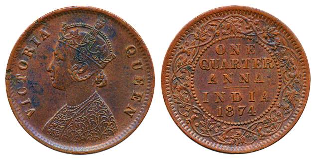 Victoria Queen, Copper ¼ Anna, 1874, CalcuttaMint, (Pr# 608). Extremely fine+, scarce.