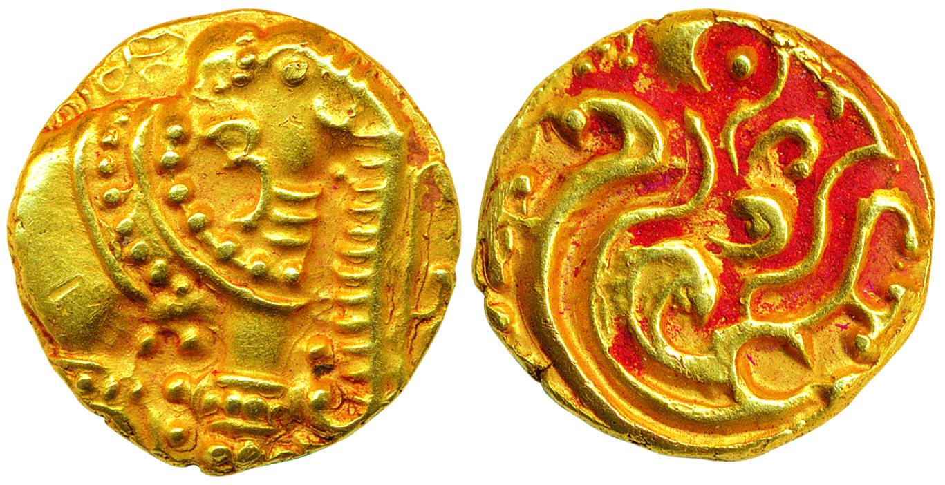 Western Gangas, Gold Gajapati Varaha, 3.89g, Obv: caparisoned elephant to right chewing su