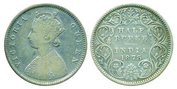 Victoria Empress, Silver ½ Rupee, 1875, Calcutta Mint, A/I without mint mark (PR# 260). Fi