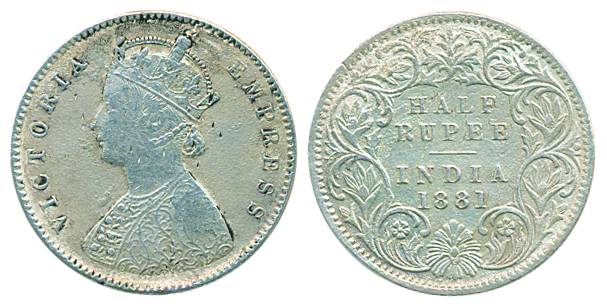 Victoria Empress, Silver ½ Rupee, 1881, Calcutta Mint, A/I ‘C’ Incuse (Pr# 265). Fine+, sc