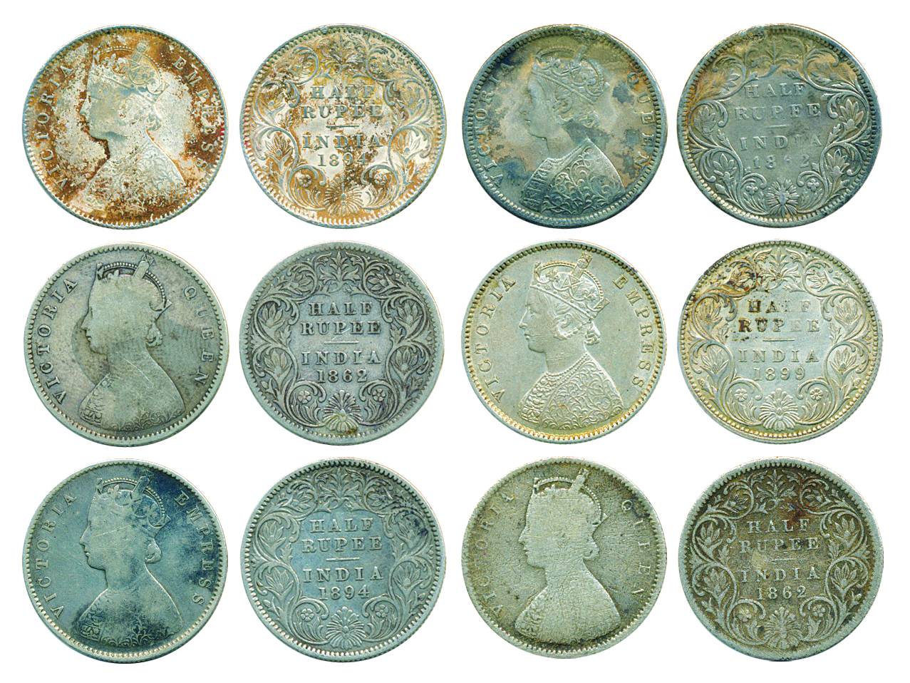 Victoria Queen and Empress, Silver ½ Rupee (6), 1862 Calcutta (2), 1862 Bombay, 1894 Calcu