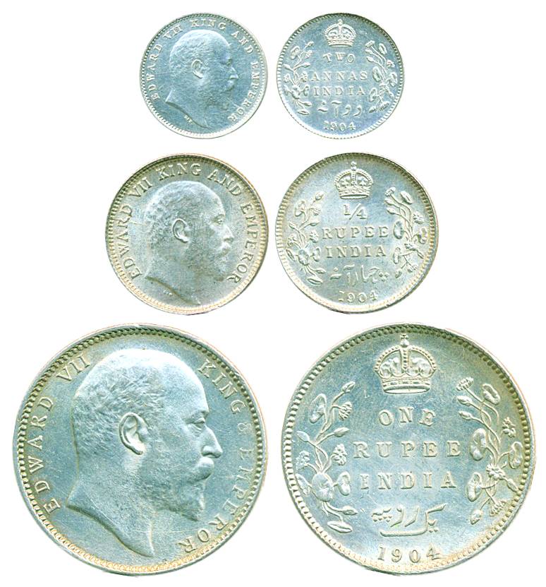 Edward VII, Silver (3) Rupee, ¼ Rupee &2 Annas, 1904, Calcutta Mint, (Pr# 190-433-557). Ve