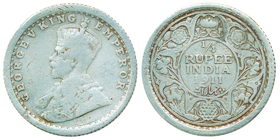 George V, Silver ¼ Rupee, 1911, Calcutta Mint, pig type, (Pr# 440). Fine, rare.