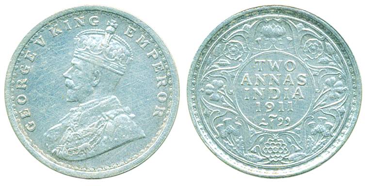 George V, Silver 2 Annas, 1911, Calcutta Mint, pig type, (Pr# 564). Very fine+, rare.