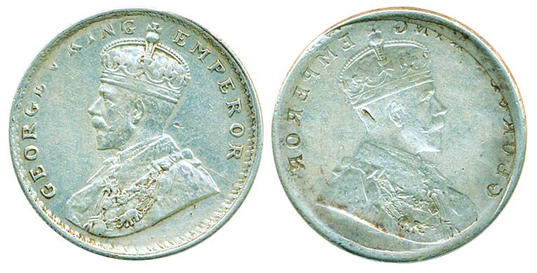 George V, Silver Rupee Brockage- Lakhi, Obv brokage one type of error same impression of r