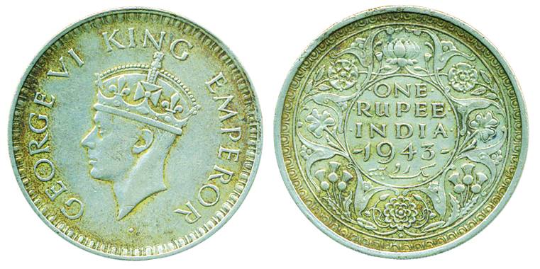 George VI, Silver Rupee, 1943, Bombay Mint, Large head (Pr# 242). Very fine, scarce.