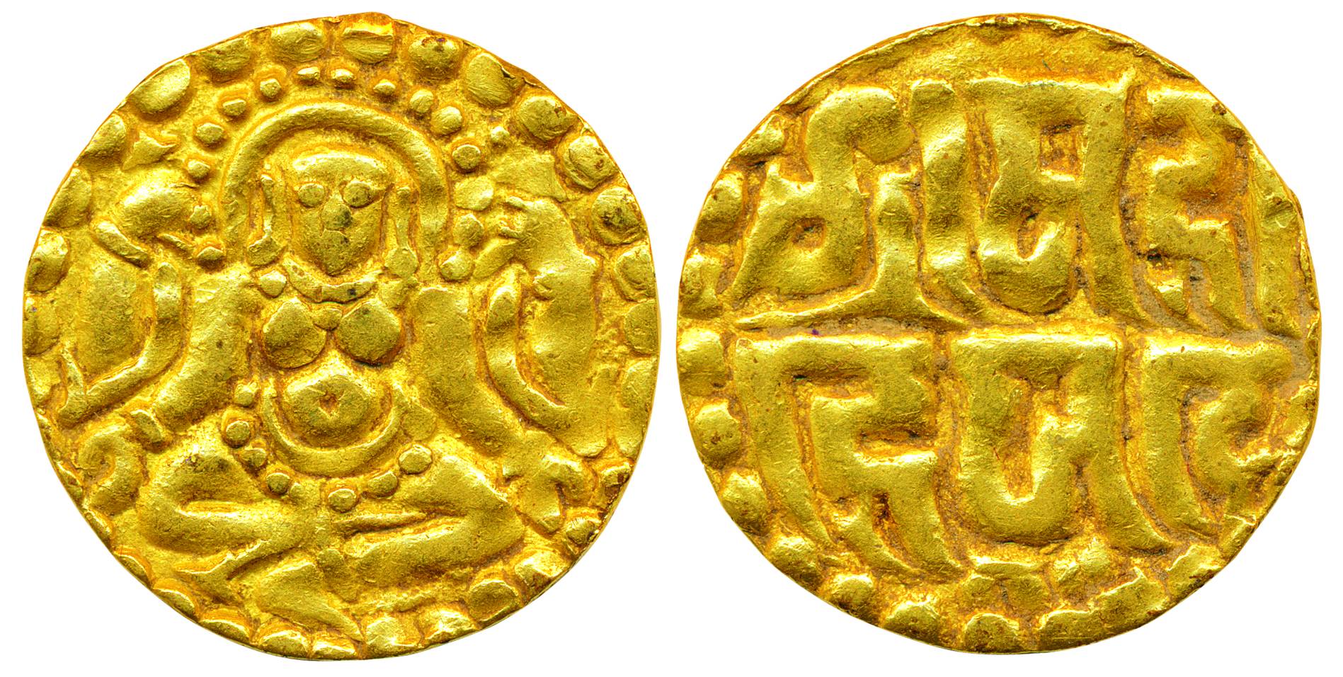 Kalachuris of Tripuri, Gangeya Deva, Gold Dinar, 3.99g, obv: Goddess Lakshmi seated facing
