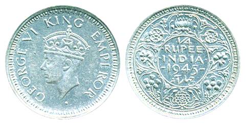 George VI, Silver ¼ Rupee, 1945, Bombay Mint, Large 5 (Pr# 470). Extremely fine, scarce.