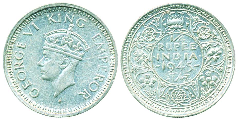 George VI, Silver ¼ Rupee, 1945, Bombay Mint, Large 5 (Pr# 470).Very fine+, scarce.