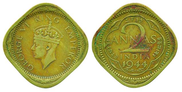 George VI, Brass 2 Annas, 1944, Lahore Mint, ‘L’ 4 sides (Pr# 908). Very fine, scarce.
