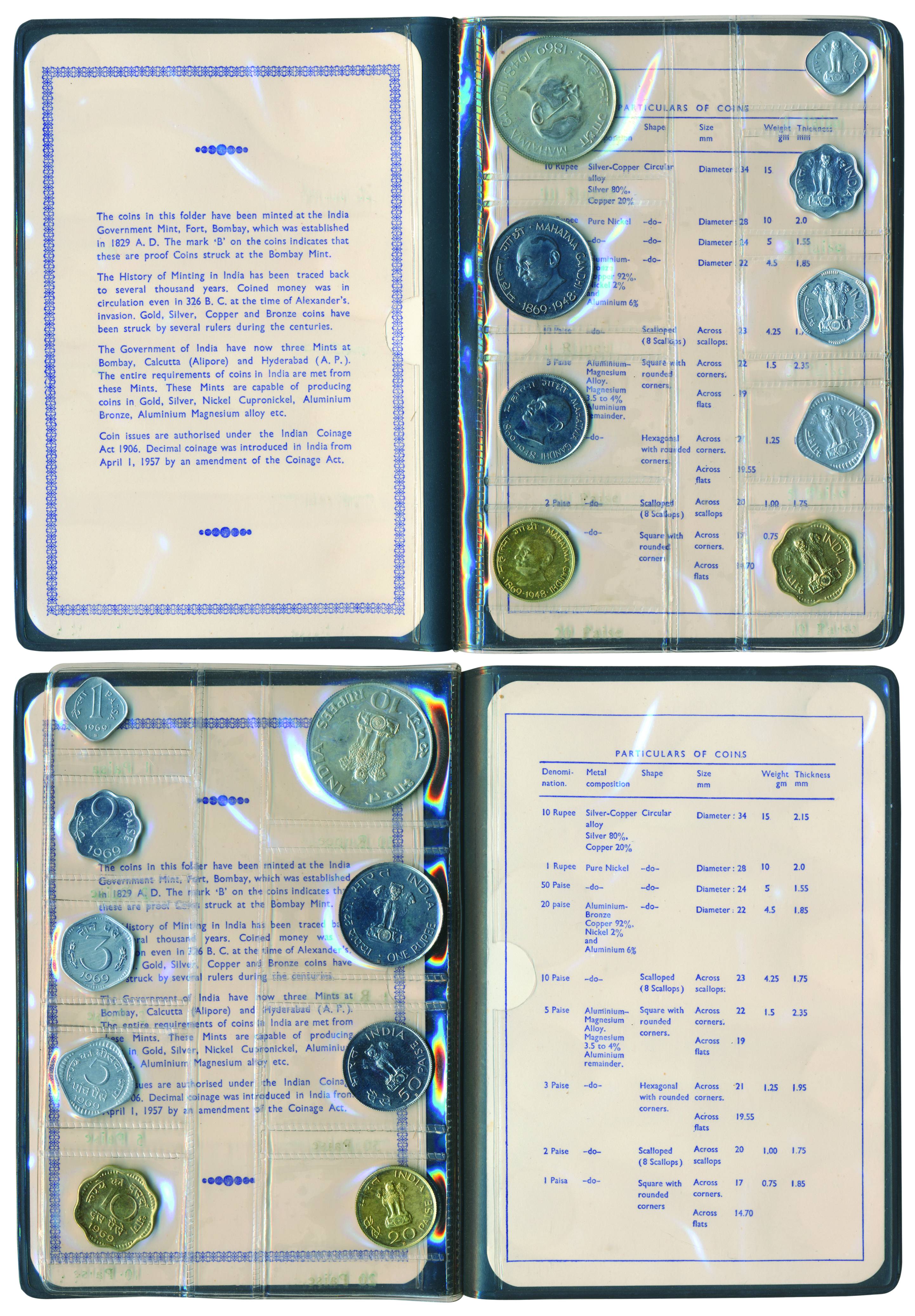 1969 Proof Set, Gandhi Birth Centenary, set of 9, 10 Rupeesto 1 Paisa, Bombay Mint (RB# 16