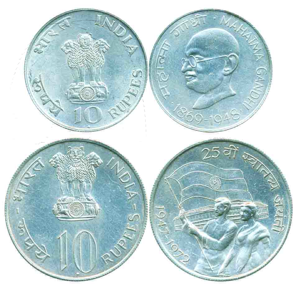 10 Rupees (2), Silver,Mahatma Gandhi, Birth Centennial Issue, Bombay Mint and 25th Anniver