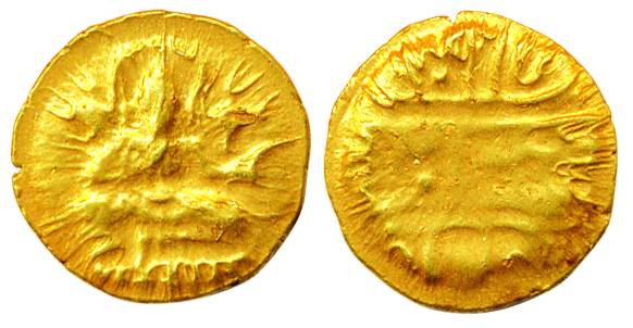 Vijayanagar Empire, Krishna Dev Raya, Gold ½ Varaha, 1.72g, Obv: Bal Krishna seated, Rev: 