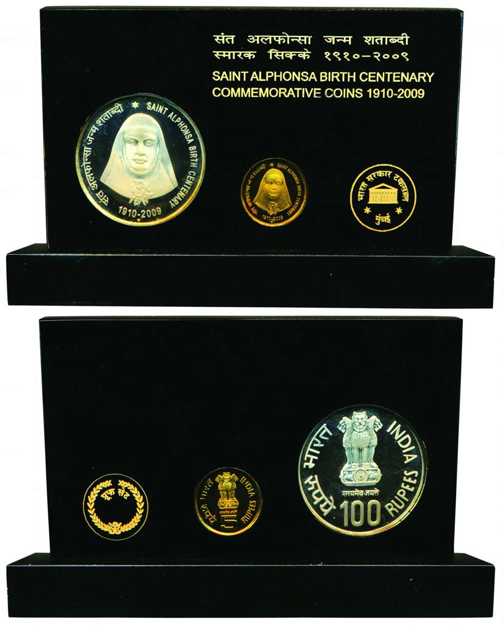 2009, VVIP Proof set of, Saint Alphonsa’s Birth Centenary, 100 Rupees and 5 Rupees, Mumbai