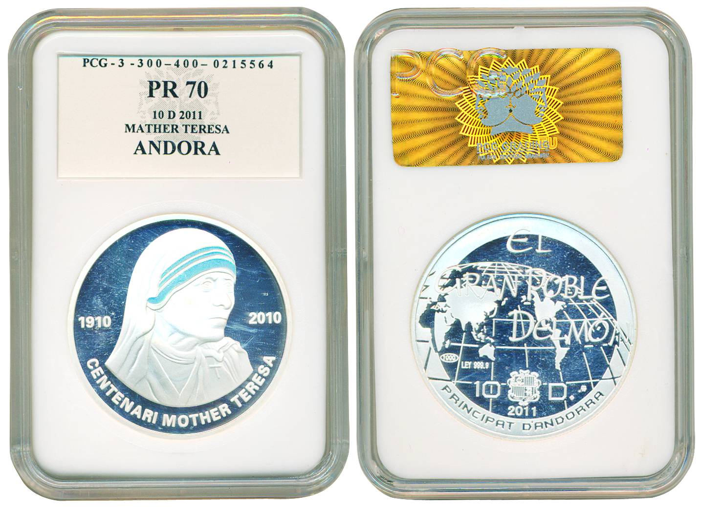 Andora, Silver 10 Diners, 2011, Mother Teresa, Proof graded as PR70.rare.
