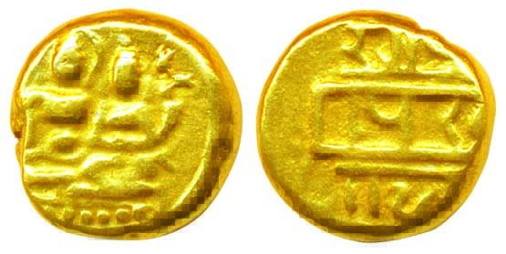 Vijayanagar Empire, Dev Raya ii, Gold Varaha, 3.38g, Obv: Vishnu seated with Lakshmi, Vish