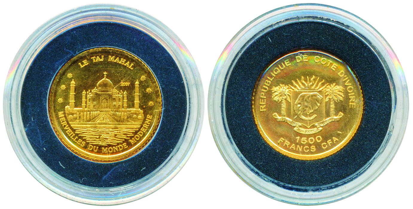 Ivory Coast (Republic of Côte d'Ivoire), Gold 1500 Francs, Taj Mahal on obv. Coat of arms 