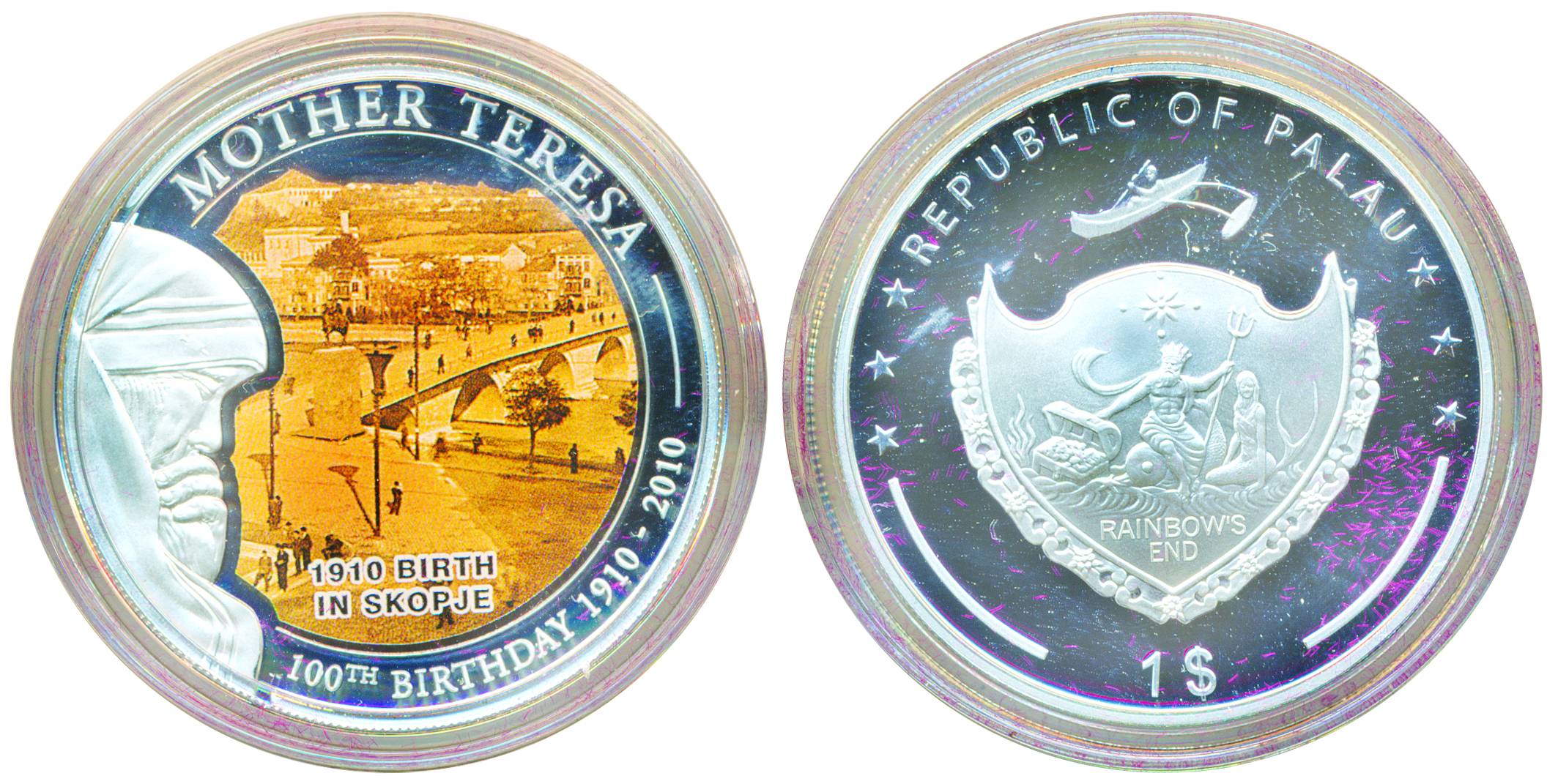 Republic of Palau, Silver, Proof 1 Dollar, Mother Teresa, in original box of issue, rare.