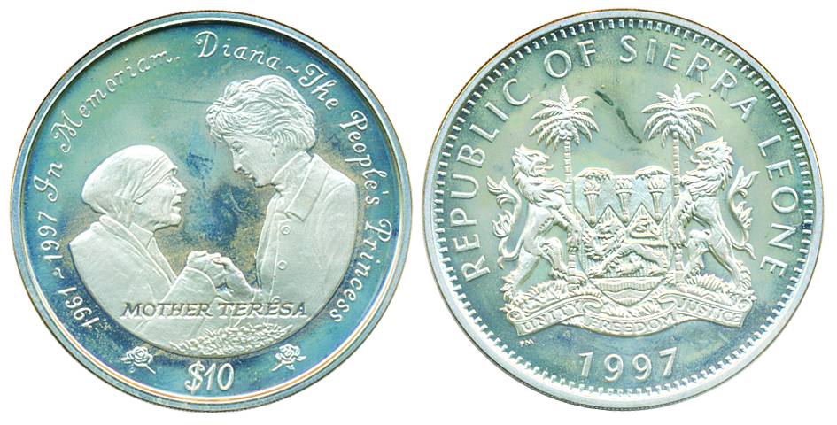 Sierra Leone, Silver 10 Dollars Proof, Mother Teresa, 1997. Scarce.