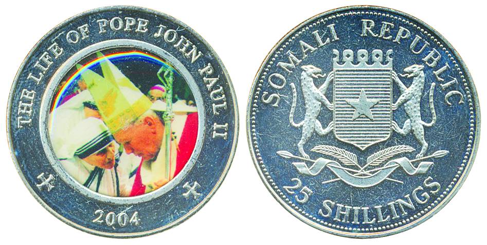 Somali Republic, Cupronickel25 Shillings, Mother Teresa, 2004, coloured coin, Issued under