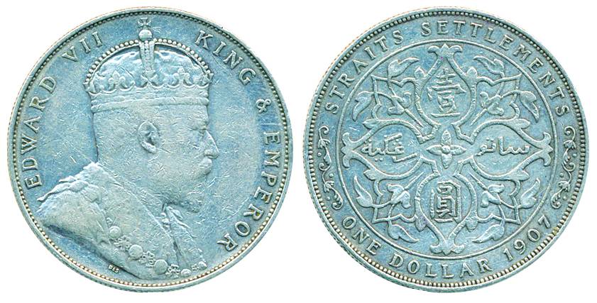 Straits settlements, Silver 1 Dollar, Edward VII, 1907, portrait on obv, shield with value