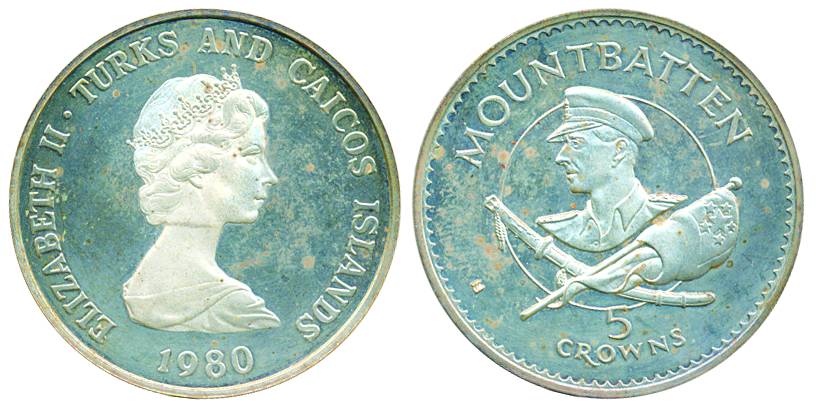 Turks and Caicos Islands, Silver 5 crowns, Lord Mountbatten, 1980 (last viceroy of India).