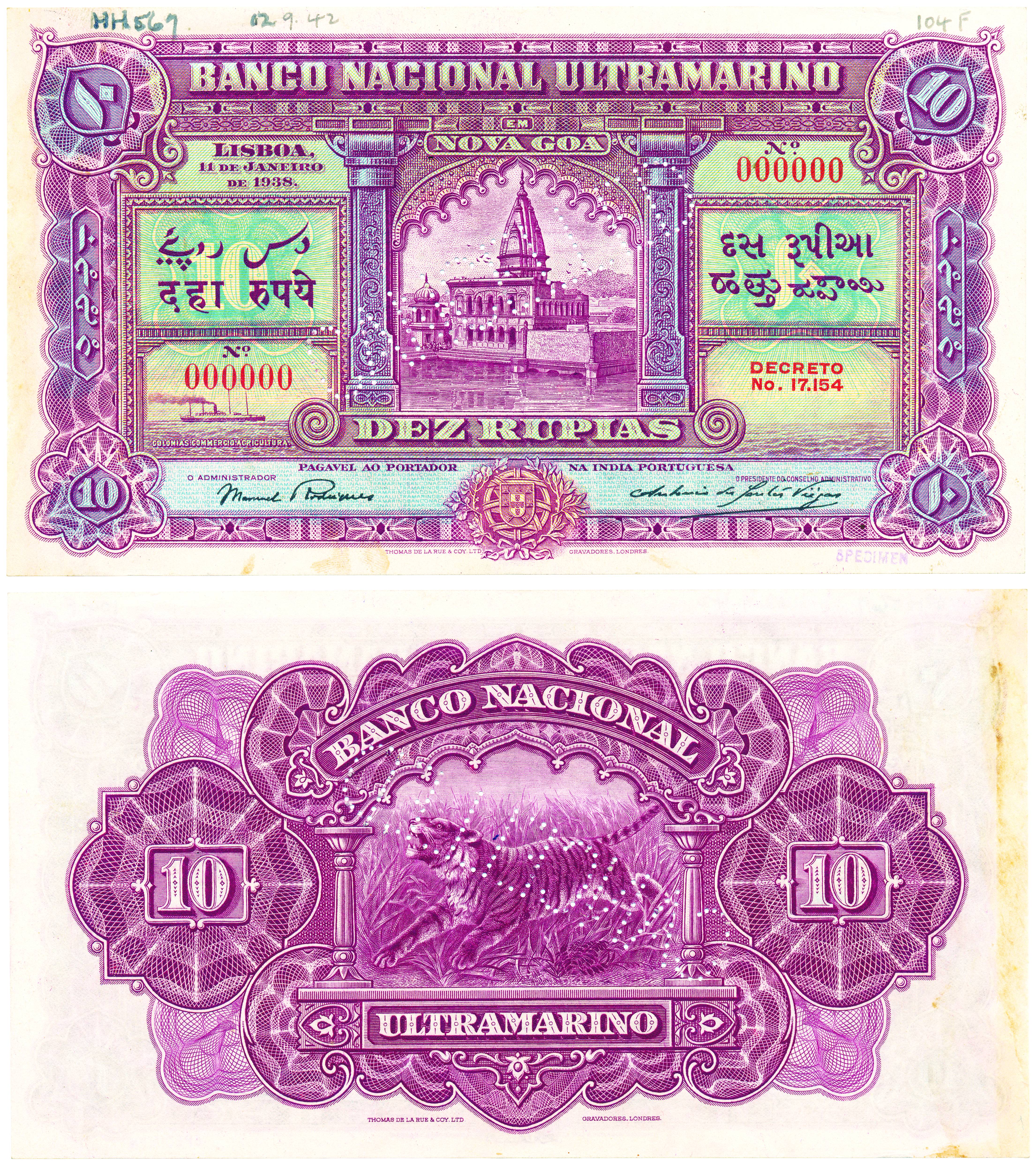 Portuguese India, Rupees 10 Specimen note Type 25, 5th issue 1938, signed P-2 and A-3,Banc
