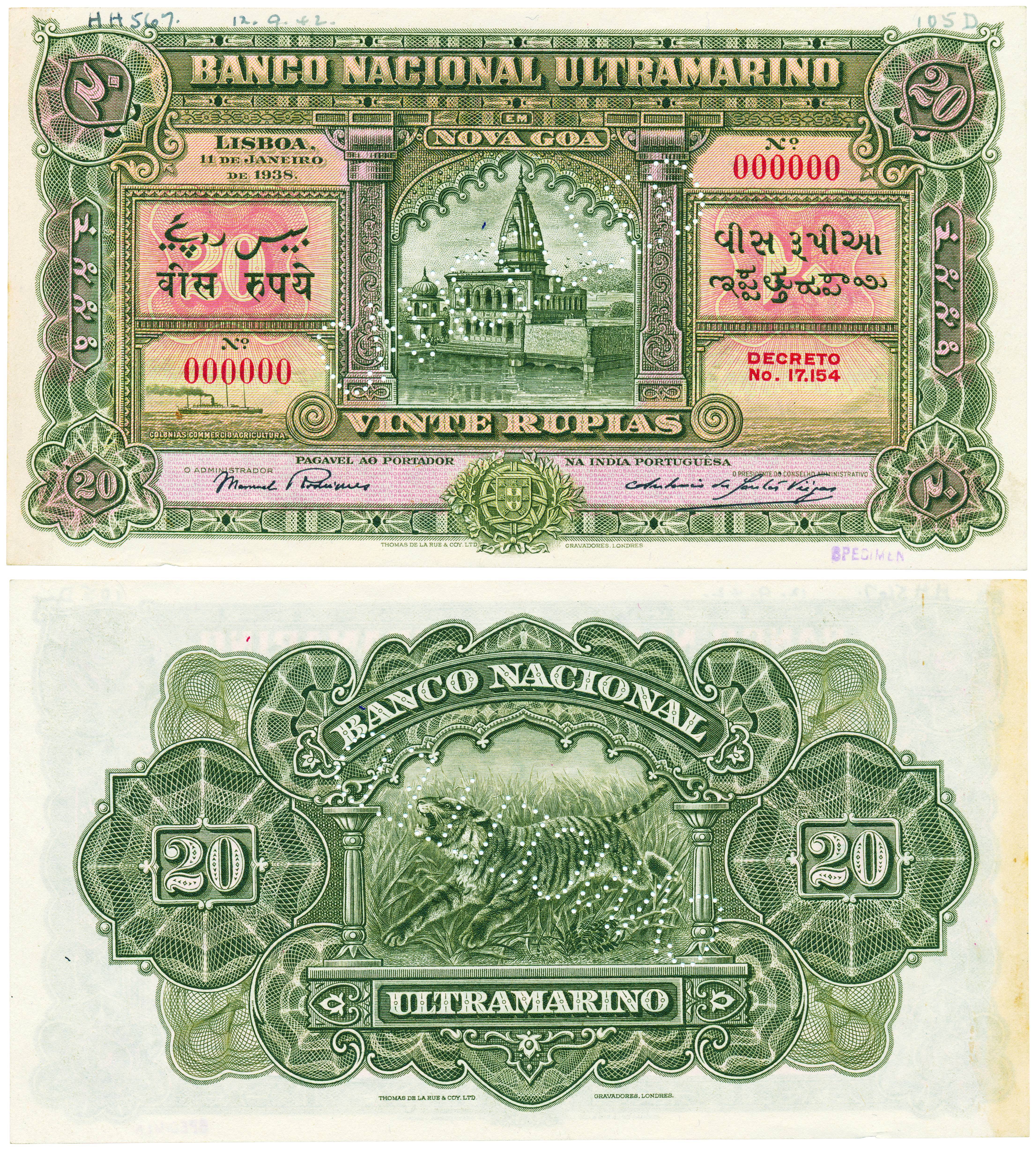 Portuguese India, Rupees 20 Specimen note Type 26, 5th issue 1938, signed P-2 and A-3, Ban