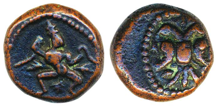 Nayakas of Tanjore, Copper, 3.51g, Obv: Dancing garuda, Rev: Double headed eagle. Very fin