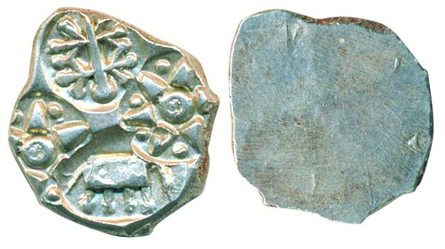 Punch Marked Coins, Andhra Janapada, Silver ½ Karshapana, 1.61g, Unifaced, Obv: four Symbo