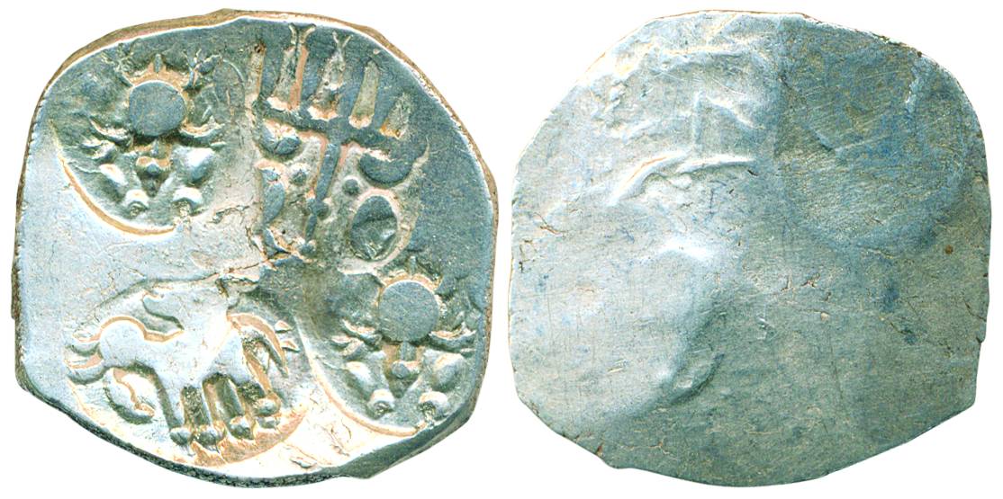 Punch Marked Coins, Kalinga Janapada, Silver Karshapana, 3.39g, Obv: four Symbol Coin, ABC