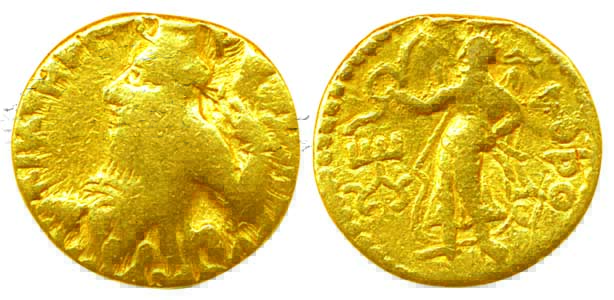Kushans, Kanishka I, Gold ¼ Dinar, 1.88g, Obv: King’s Bust with Bactrian Greek legend ‘(Sh